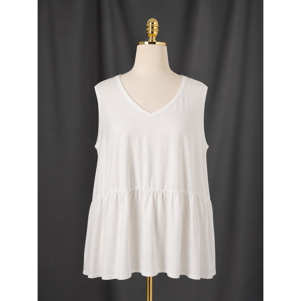 d&co. Essentials Jersey V-neck Peplum Tunic Tank Top 3X White Sleeveless Stretch